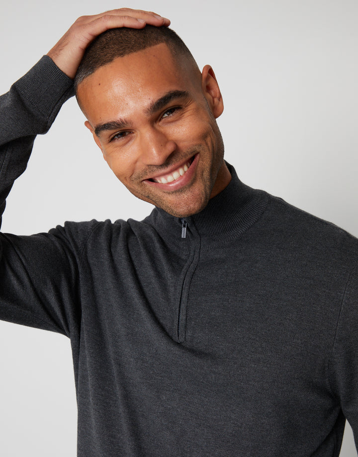 Charcoal Grey Funnel Neck Quarter Zip Knitted Jumper
