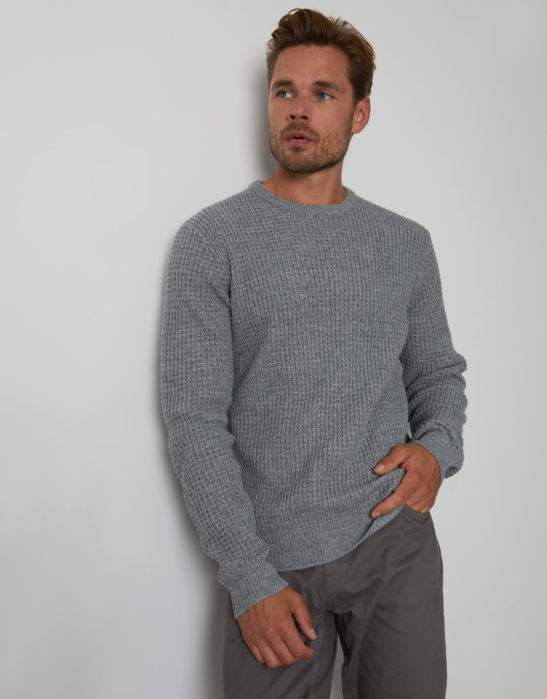 Grey Twist Waffle Knit Crew Neck Jumper