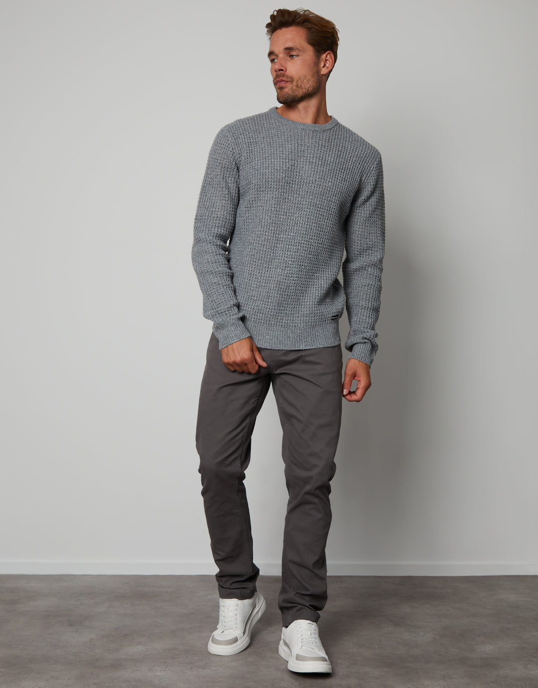 Grey Twist Waffle Knit Crew Neck Jumper
