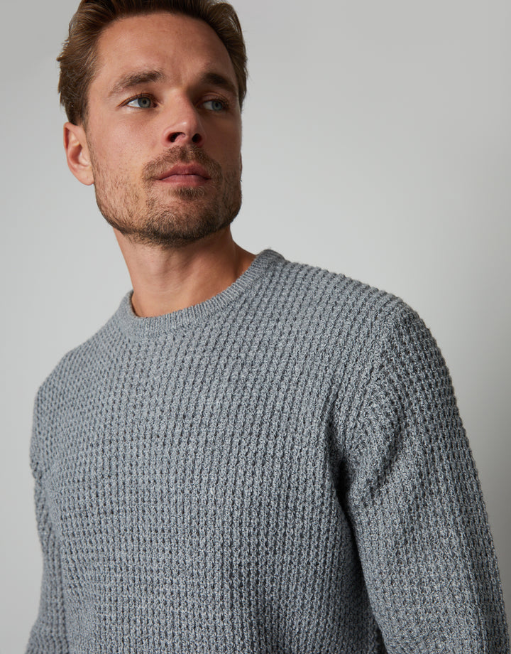 Grey Twist Waffle Knit Crew Neck Jumper