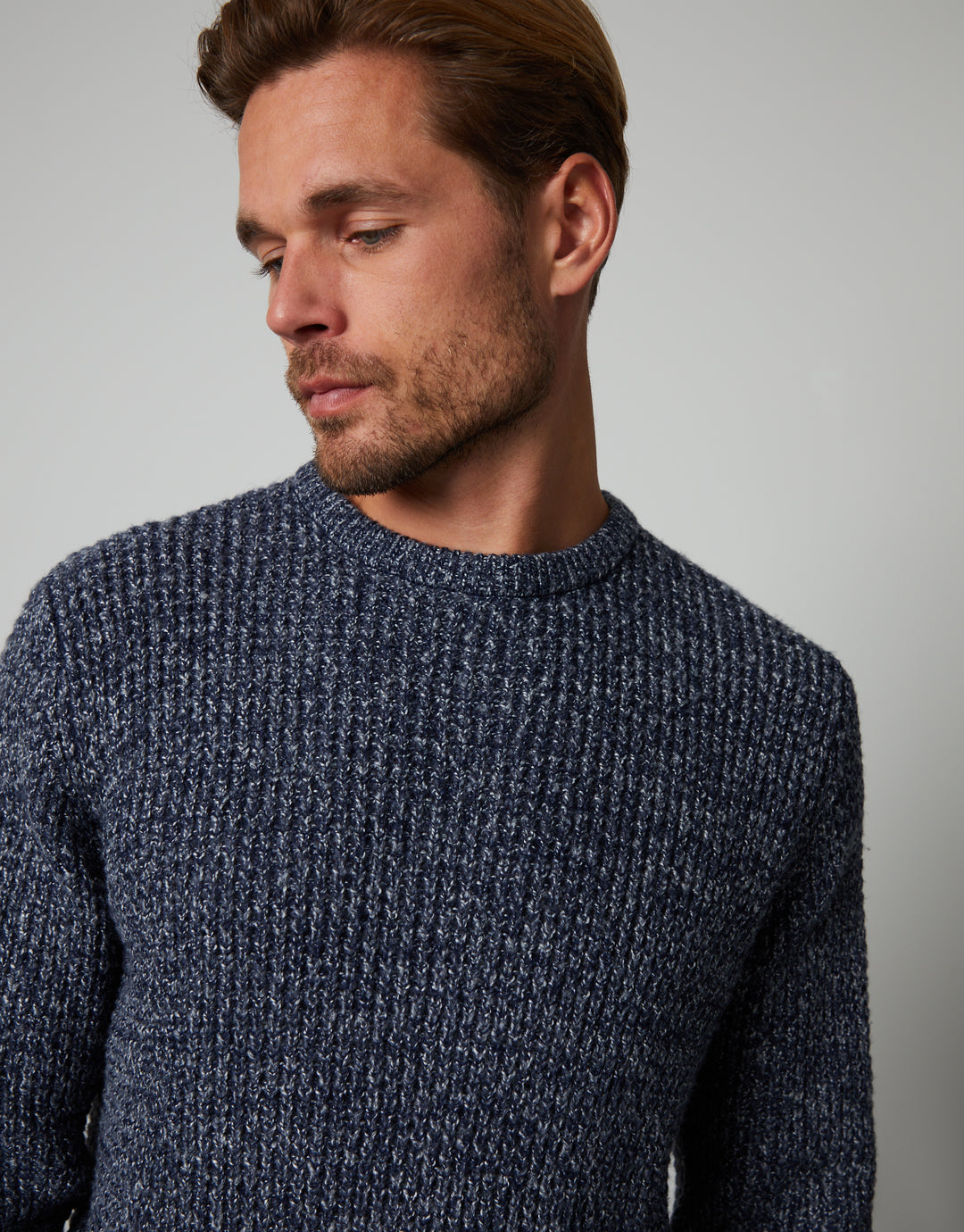 Dark Blue Twist Waffle Knit Crew Neck Jumper