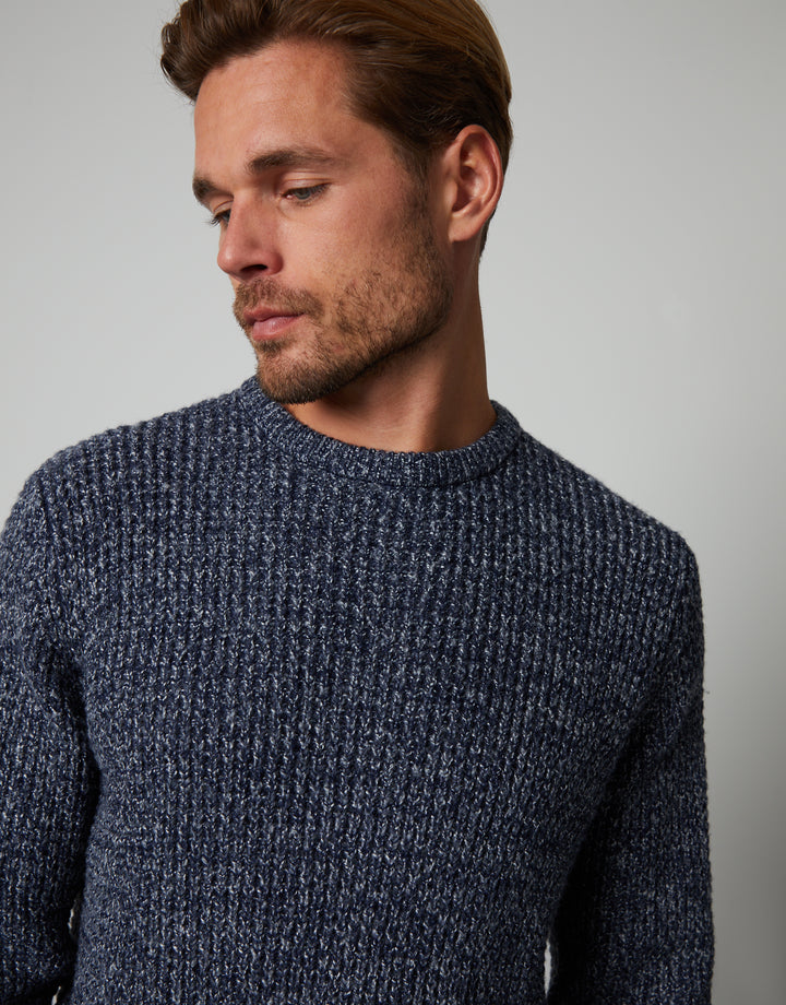 Dark Blue Twist Waffle Knit Crew Neck Jumper