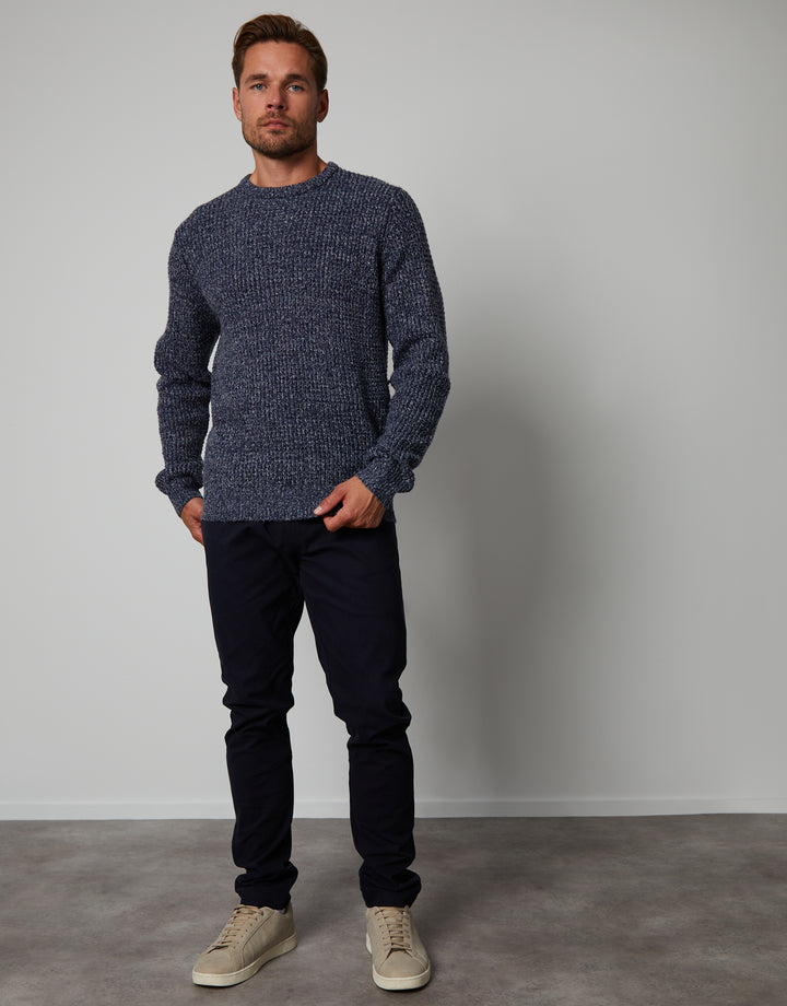 Dark Blue Twist Waffle Knit Crew Neck Jumper