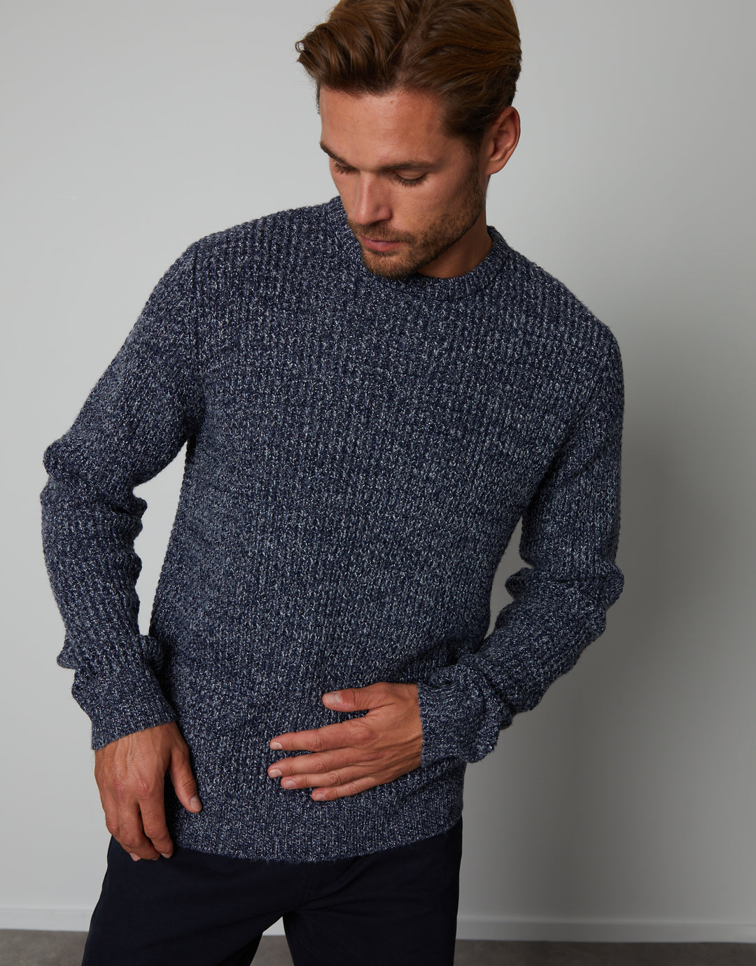 Dark Blue Twist Waffle Knit Crew Neck Jumper
