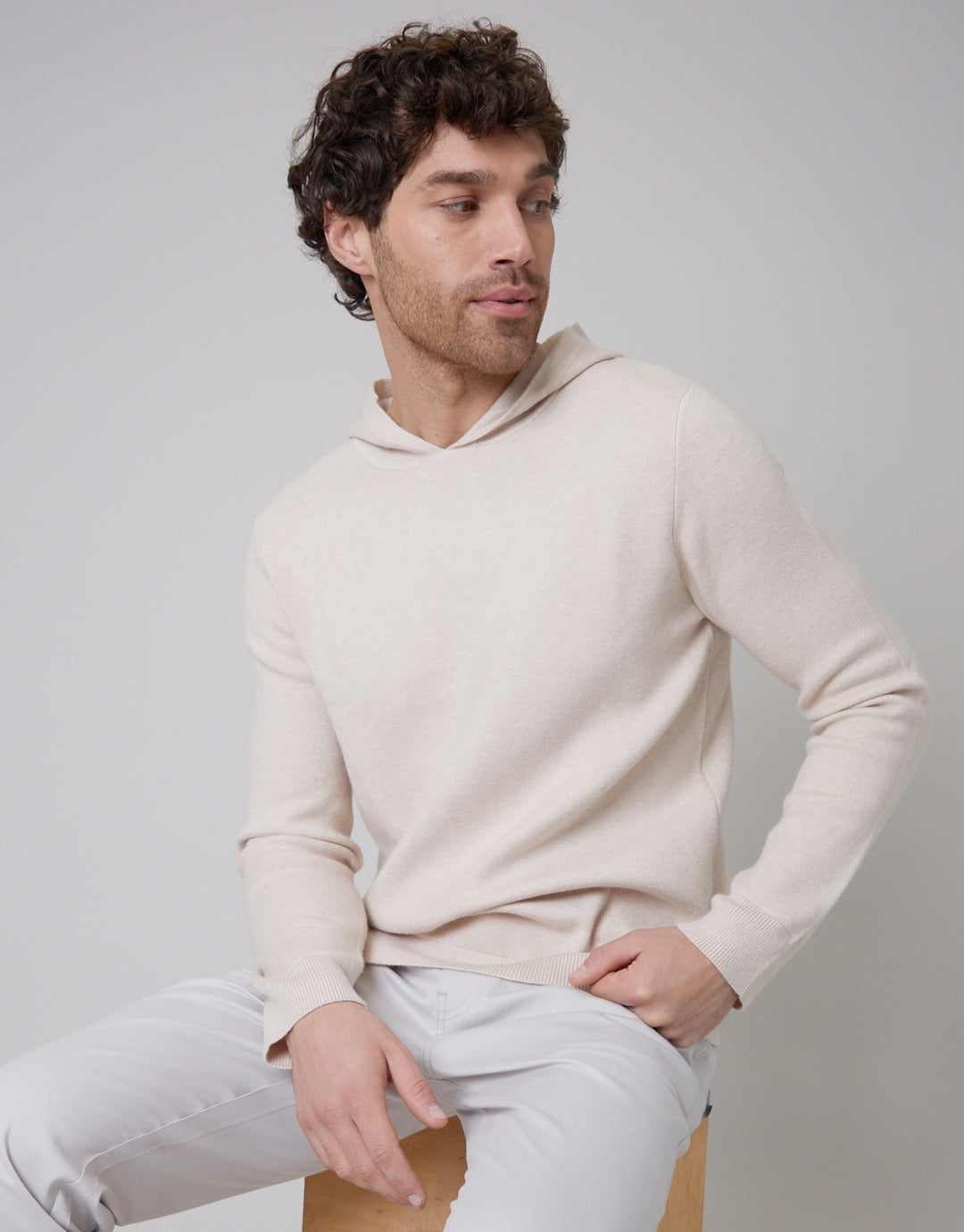 Threadbare Luxe Men's Ecru Knitted Overhead Hoodie