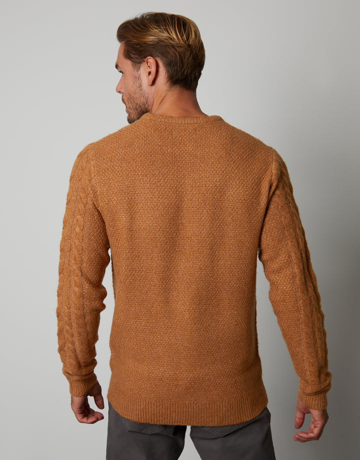 Camel Brown Cable Knit Detail Crew Neck Jumper