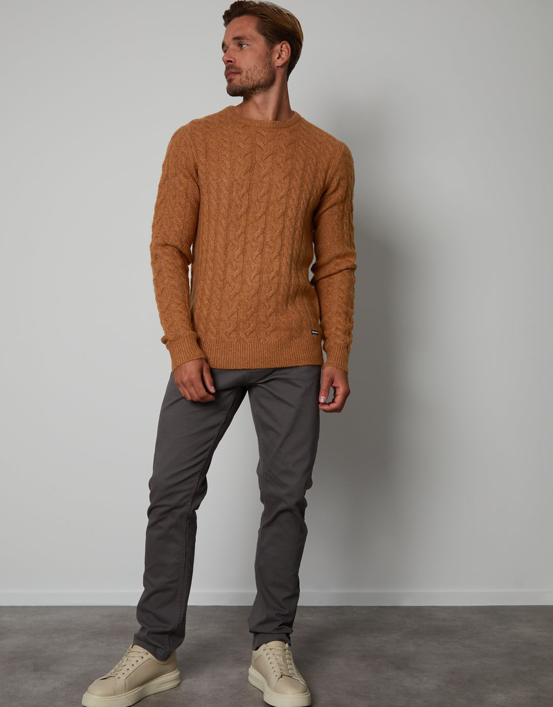Camel Brown Cable Knit Detail Crew Neck Jumper