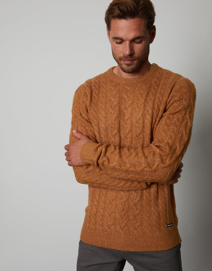 Camel Brown Cable Knit Detail Crew Neck Jumper