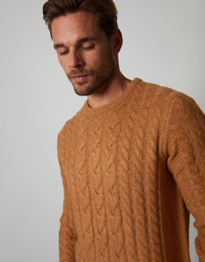 Camel Brown Cable Knit Detail Crew Neck Jumper