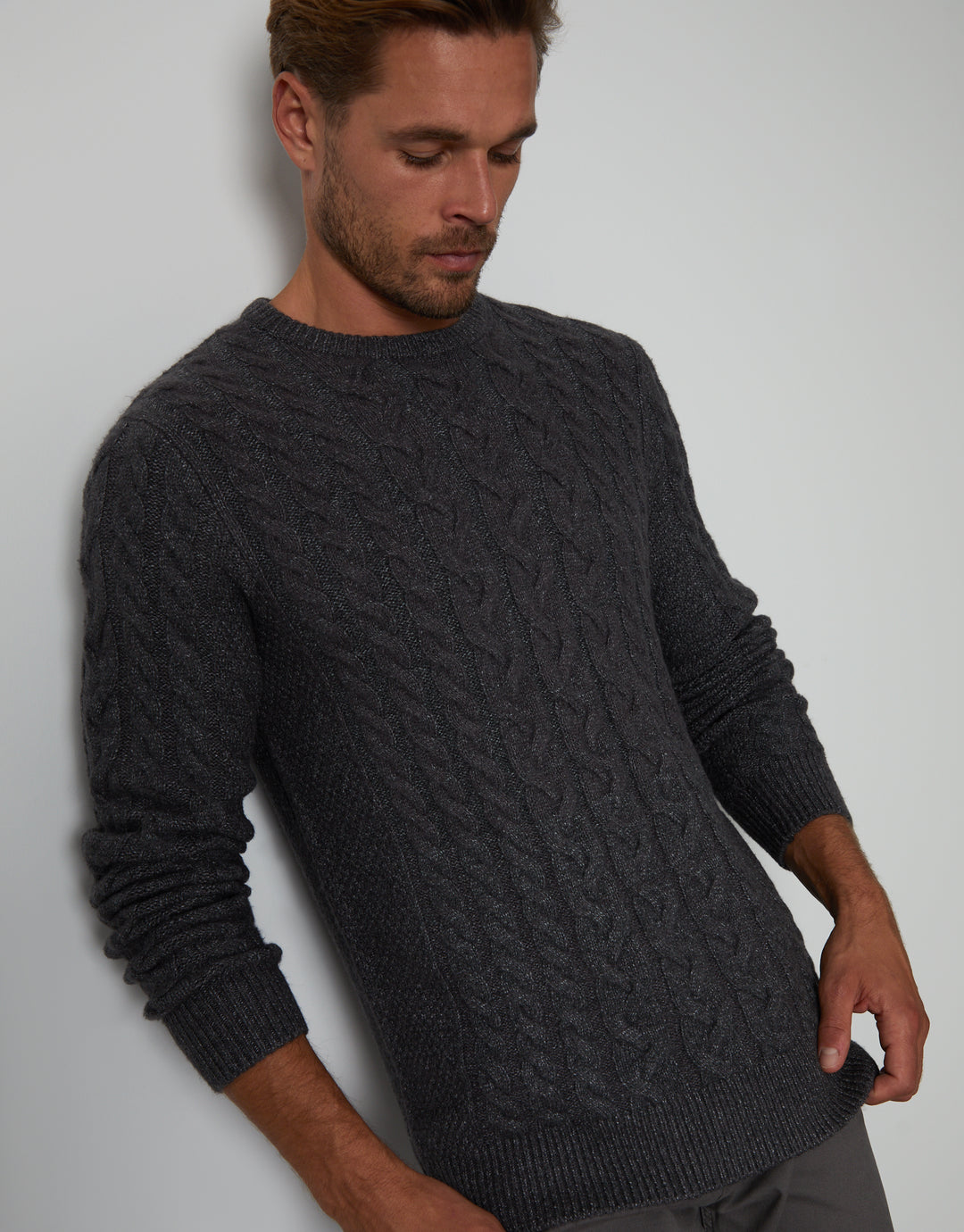 Charcoal Grey Cable Knit Detail Crew Neck Jumper