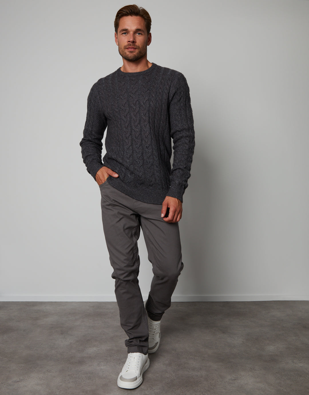Charcoal Grey Cable Knit Detail Crew Neck Jumper