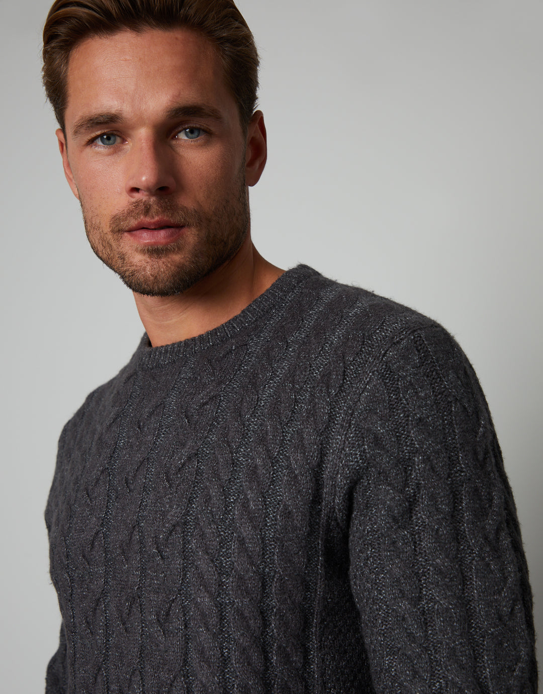 Charcoal Grey Cable Knit Detail Crew Neck Jumper