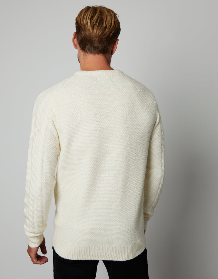 Ecru Cable Knit Detail Crew Neck Jumper