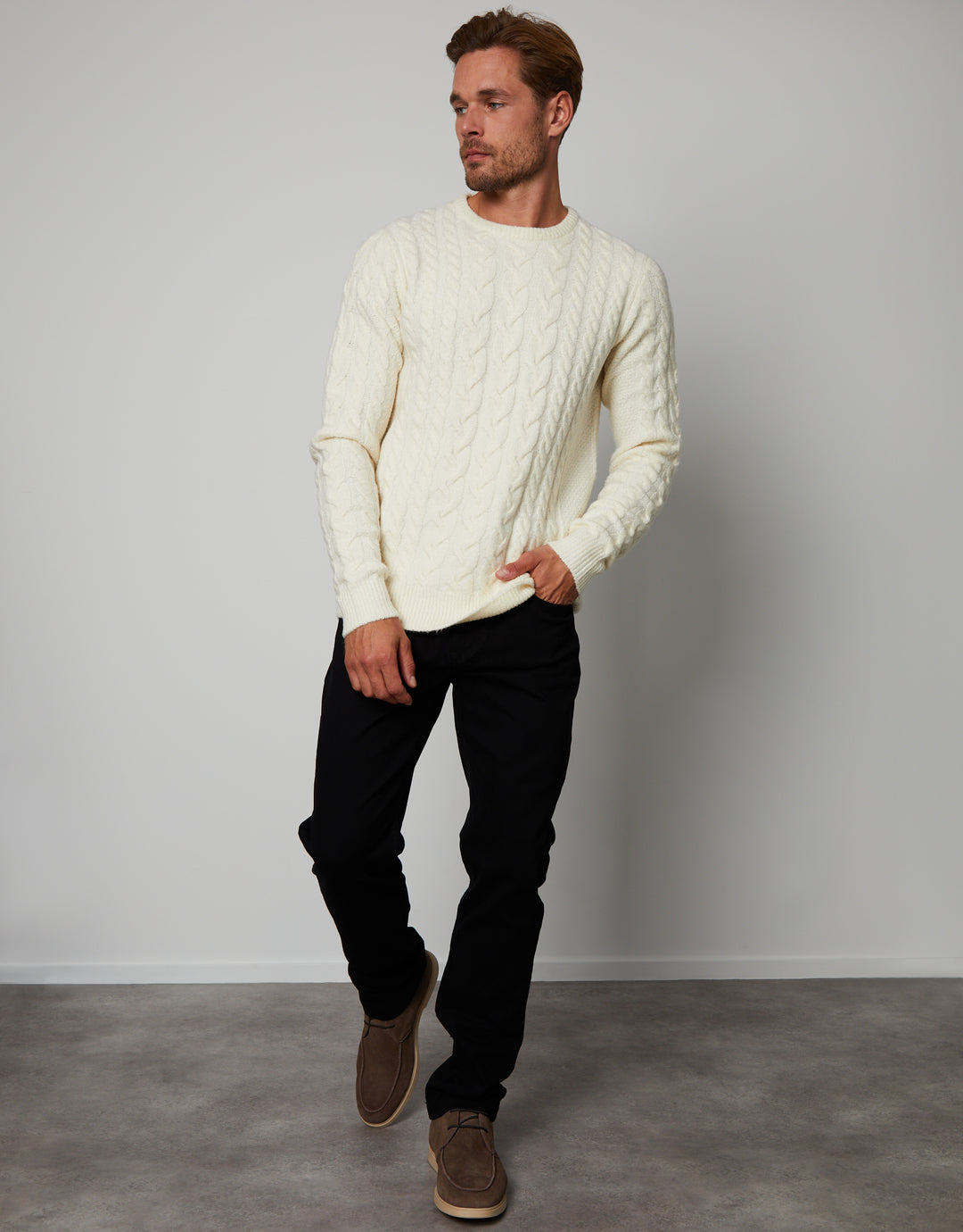 Ecru Cable Knit Detail Crew Neck Jumper