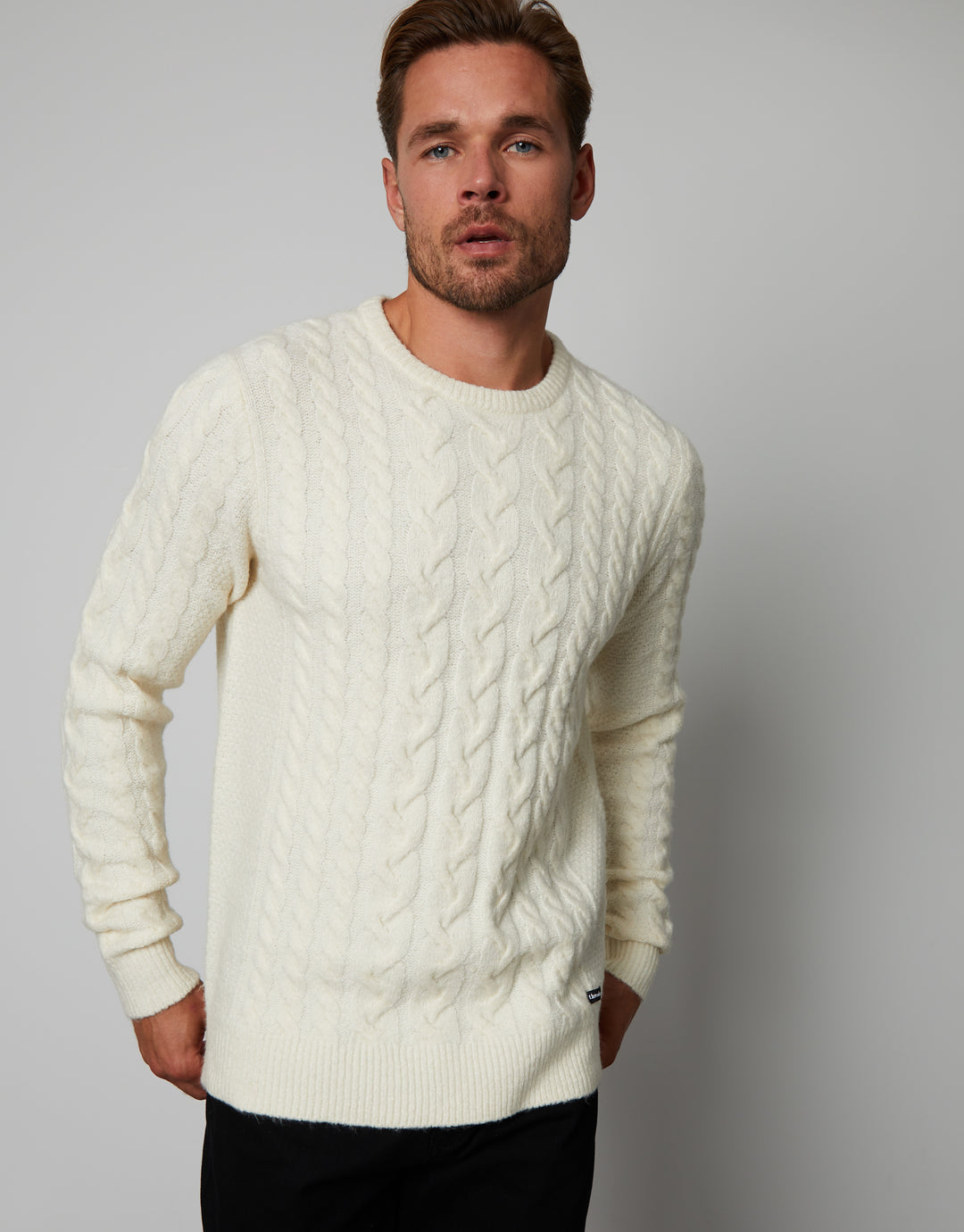 Ecru Cable Knit Detail Crew Neck Jumper