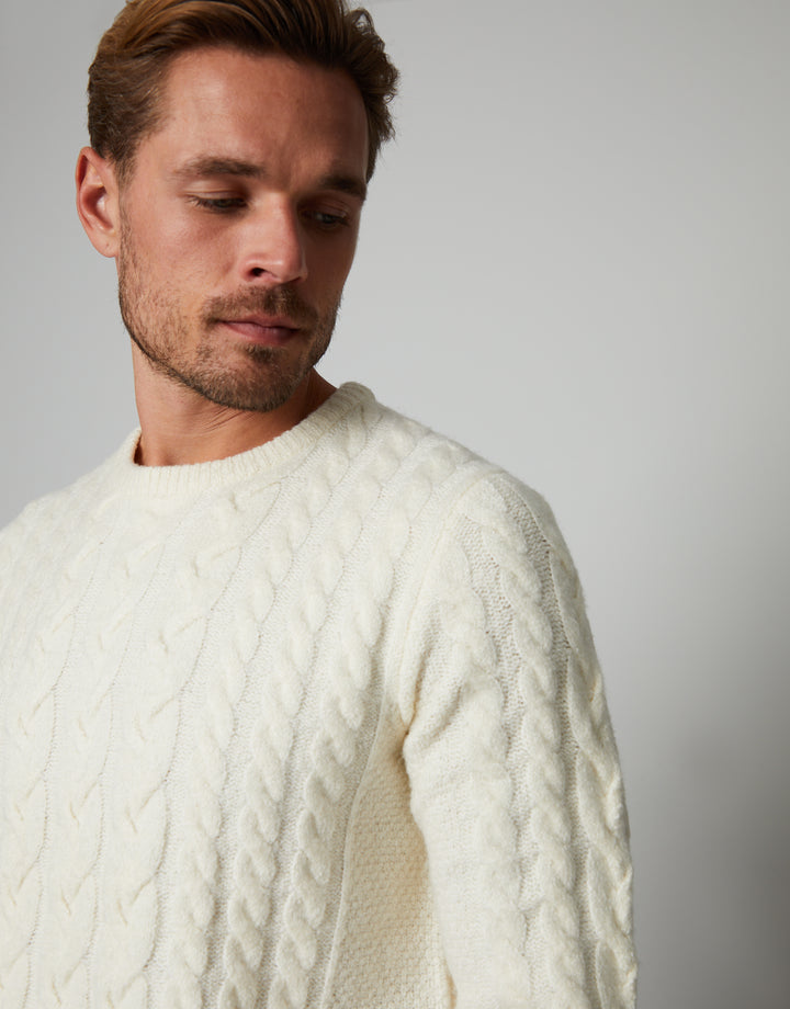 Ecru Cable Knit Detail Crew Neck Jumper
