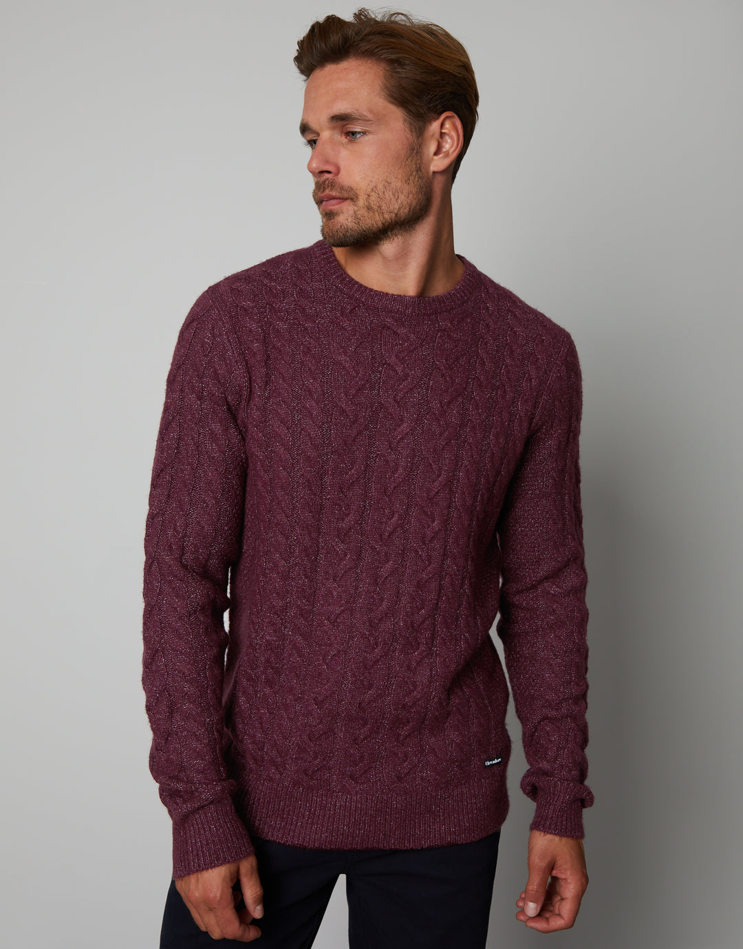 Burgundy Cable Knit Detail Crew Neck Jumper