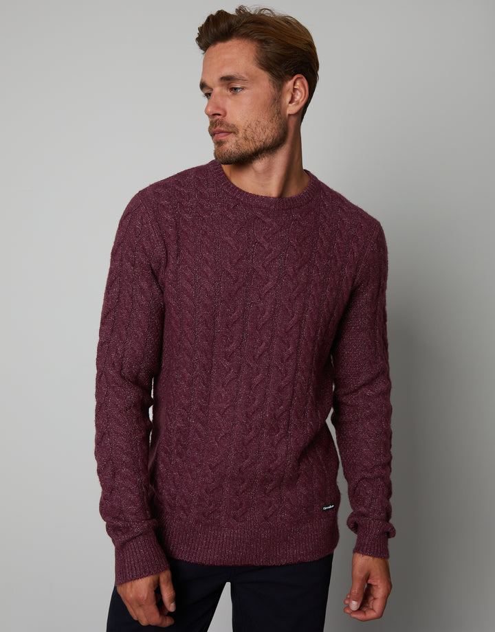 Burgundy Cable Knit Detail Crew Neck Jumper