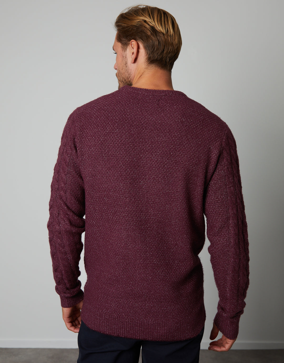 Burgundy Cable Knit Detail Crew Neck Jumper