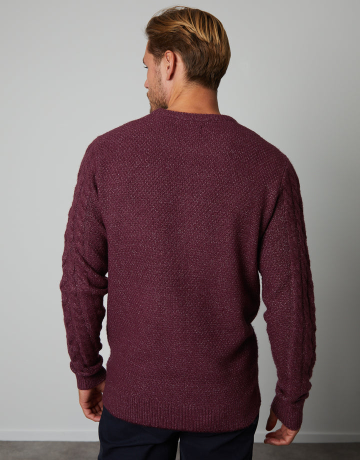 Burgundy Cable Knit Detail Crew Neck Jumper