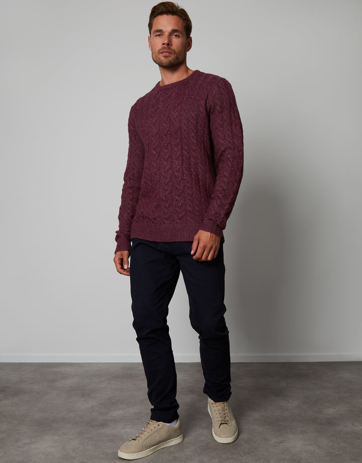 Burgundy Cable Knit Detail Crew Neck Jumper