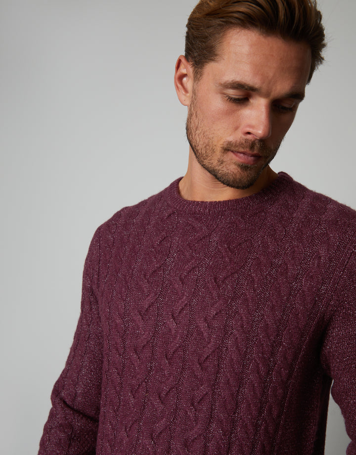Burgundy Cable Knit Detail Crew Neck Jumper