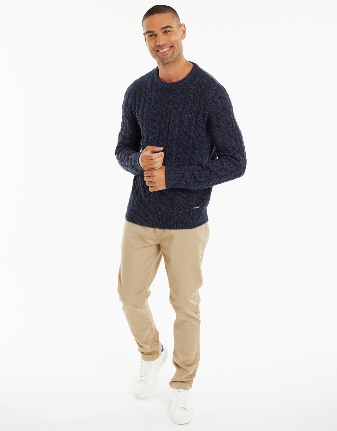 Navy Cable Knit Detail Crew Neck Jumper