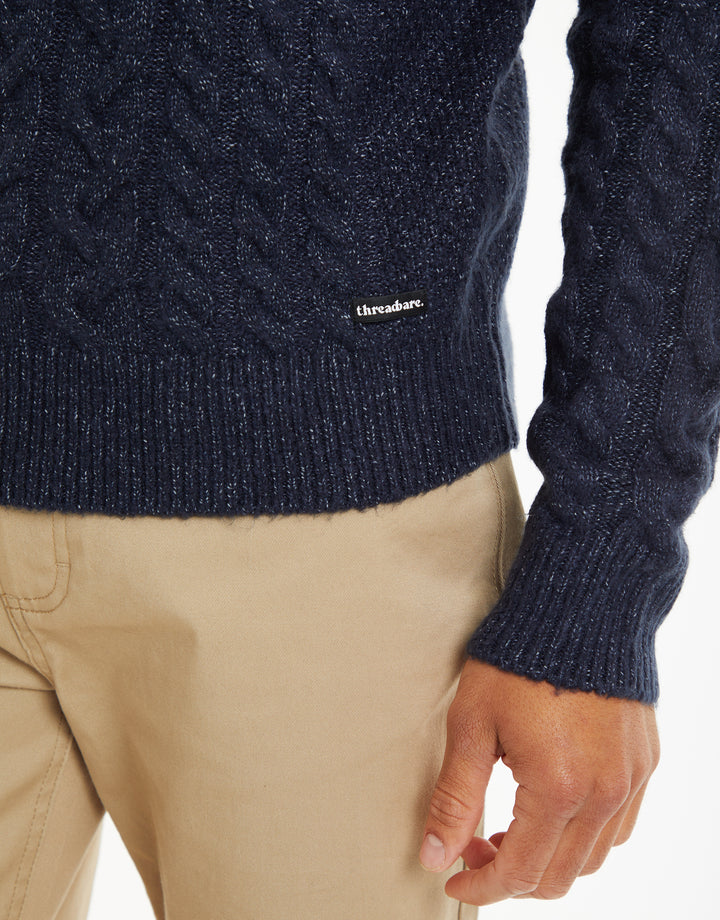 Navy Cable Knit Detail Crew Neck Jumper
