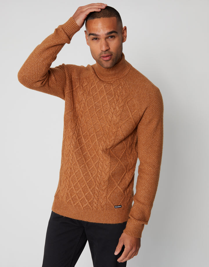 Camel Brown Cable Knit Turtle Neck Jumper