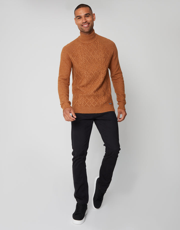 Camel Brown Cable Knit Turtle Neck Jumper