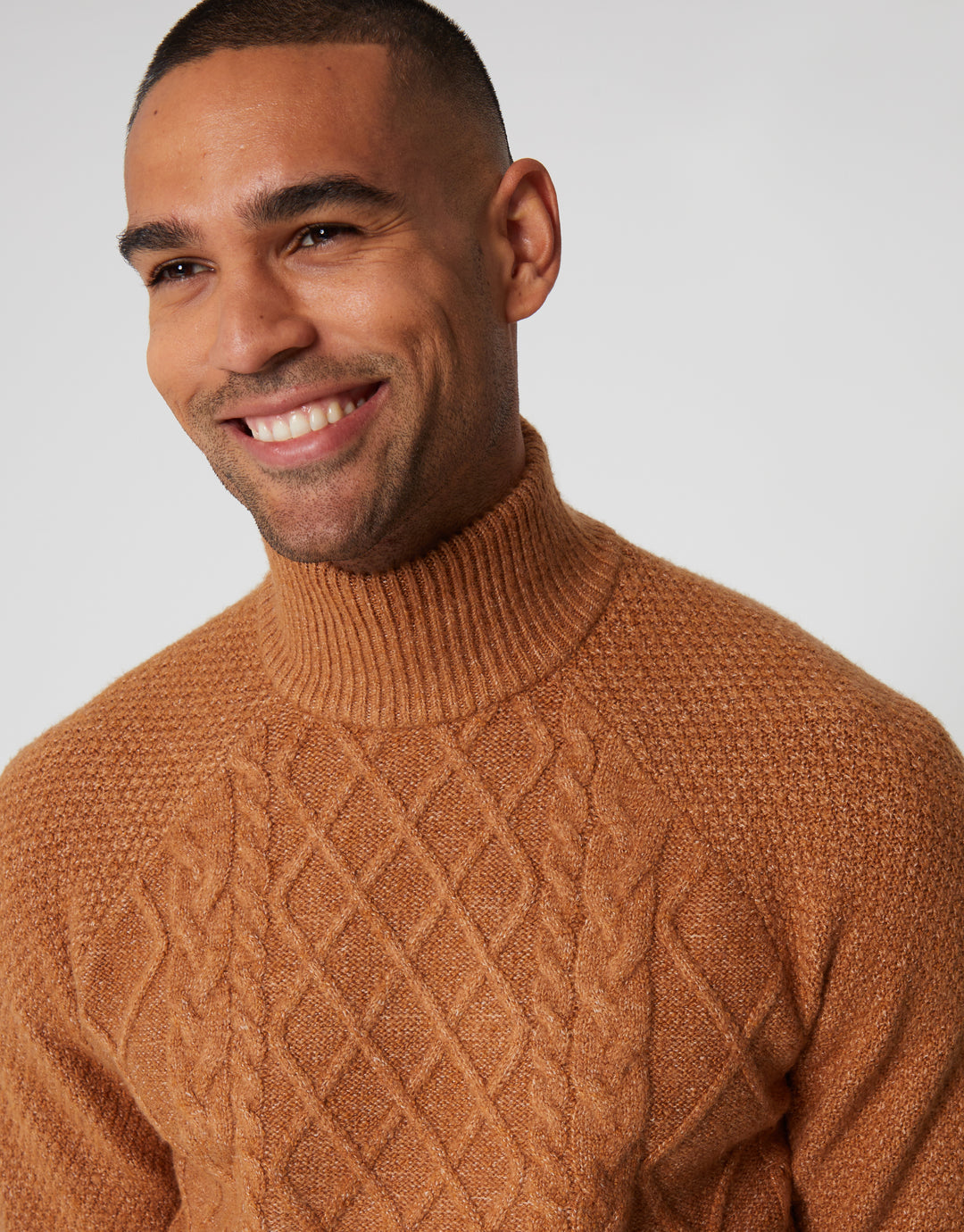 Camel Brown Cable Knit Turtle Neck Jumper