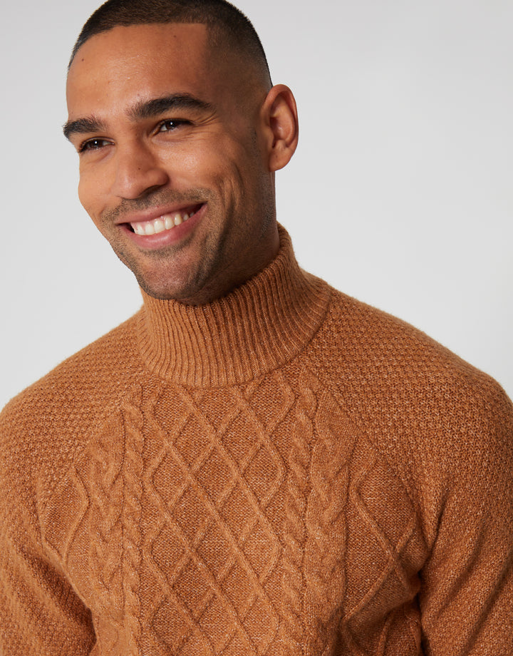 Camel Brown Cable Knit Turtle Neck Jumper