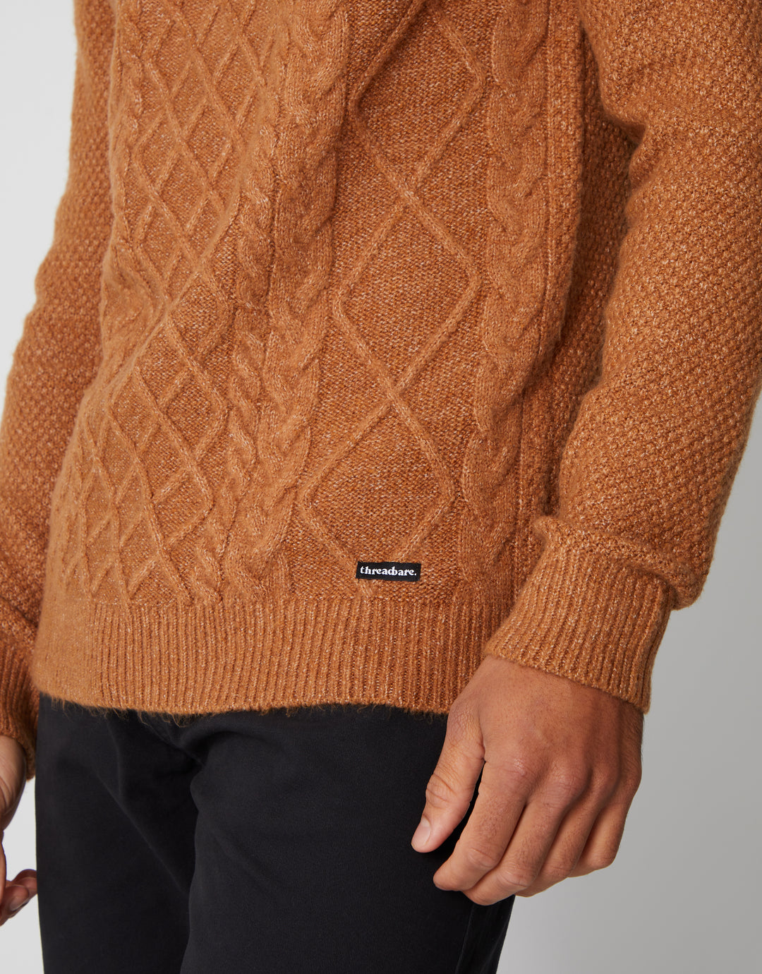 Camel Brown Cable Knit Turtle Neck Jumper