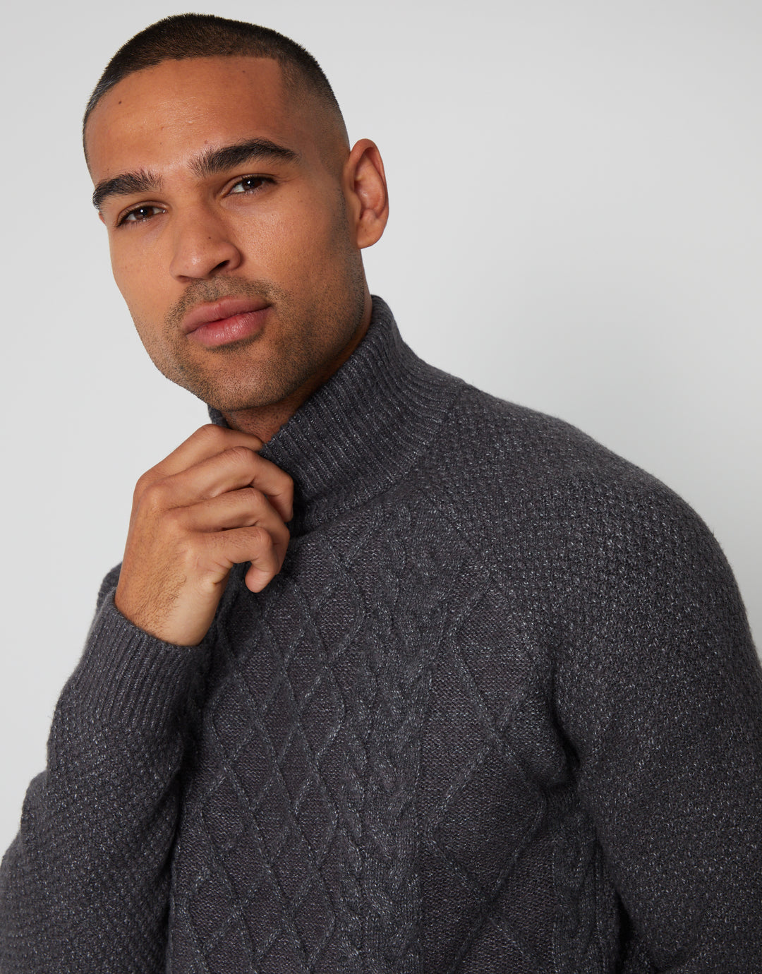 Charcoal Grey Cable Knit Turtle Neck Jumper