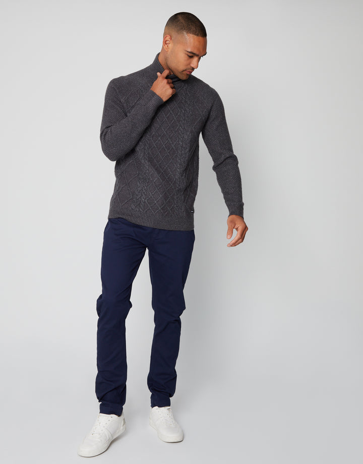 Charcoal Grey Cable Knit Turtle Neck Jumper
