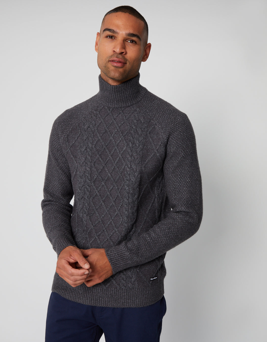 Charcoal Grey Cable Knit Turtle Neck Jumper
