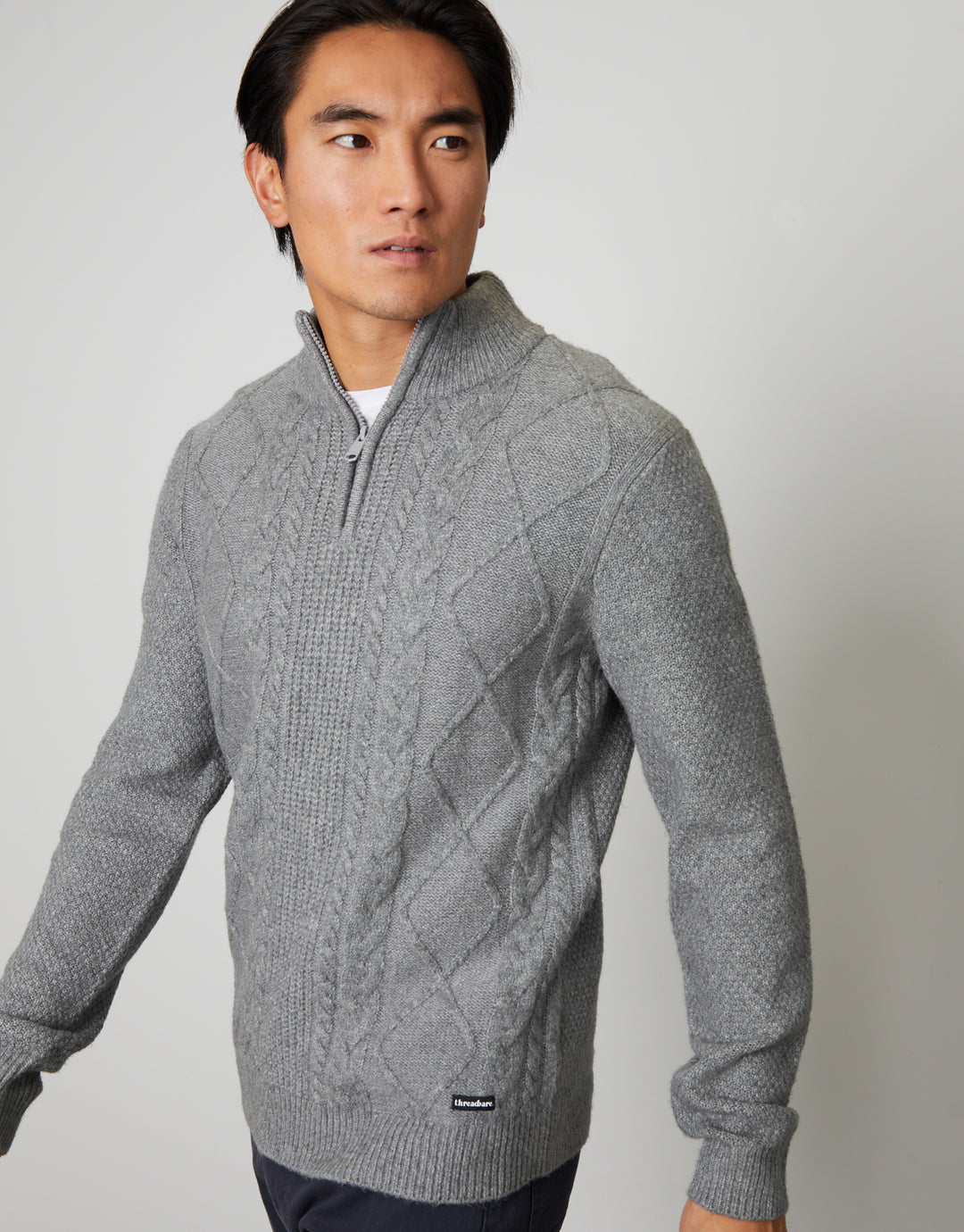 Grey Marl Cable Knit Quarter Zip Jumper