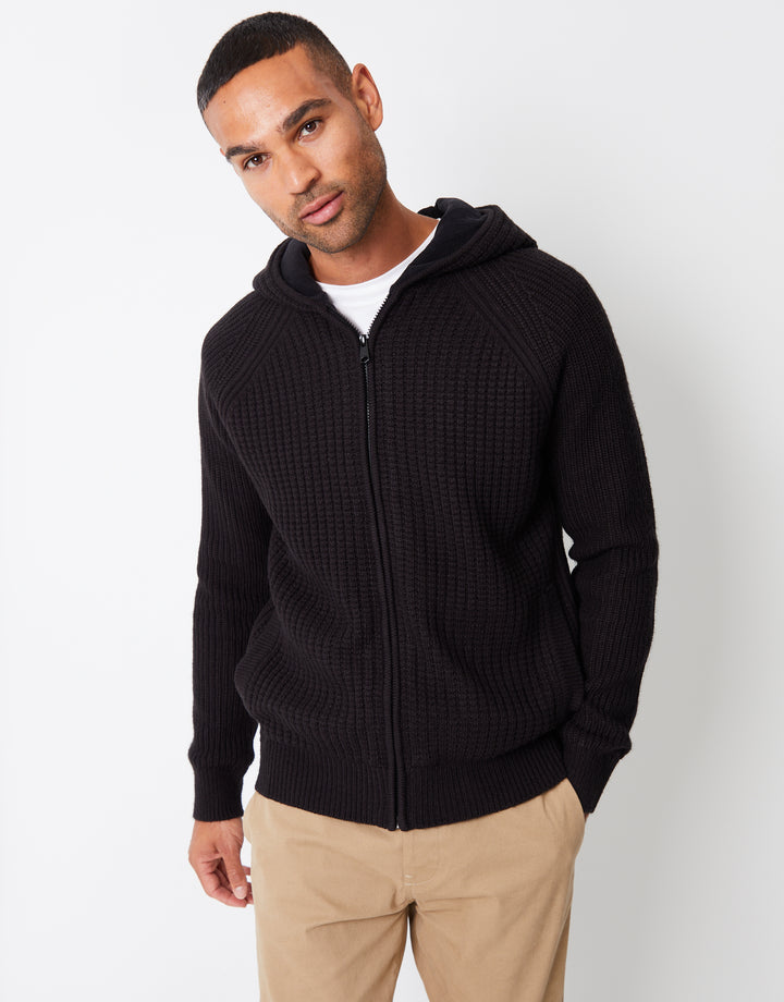 Black Zip Up Knitted Microfleece Lined Hoodie