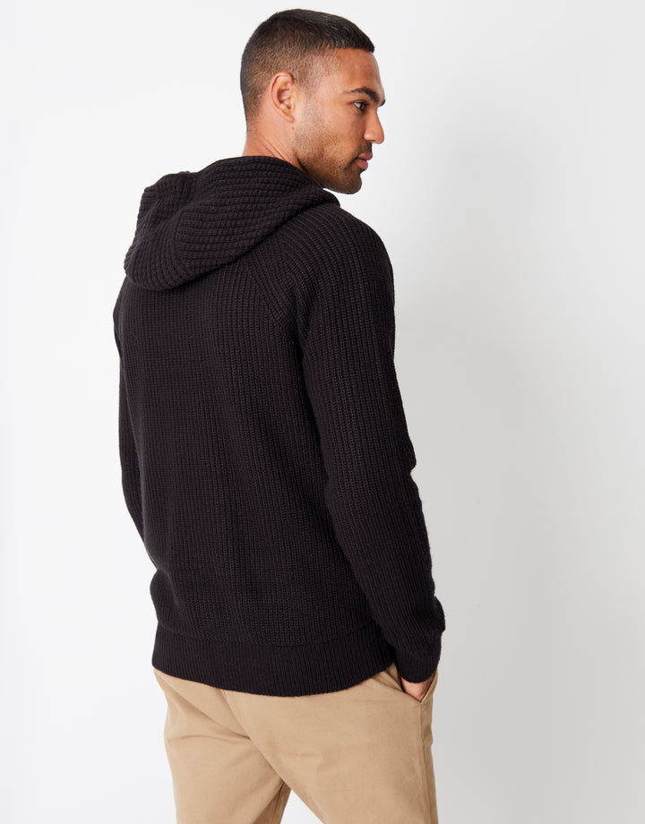 Black Zip Up Knitted Microfleece Lined Hoodie