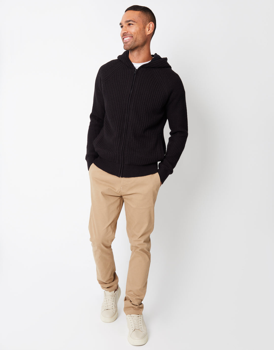 Black Zip Up Knitted Microfleece Lined Hoodie