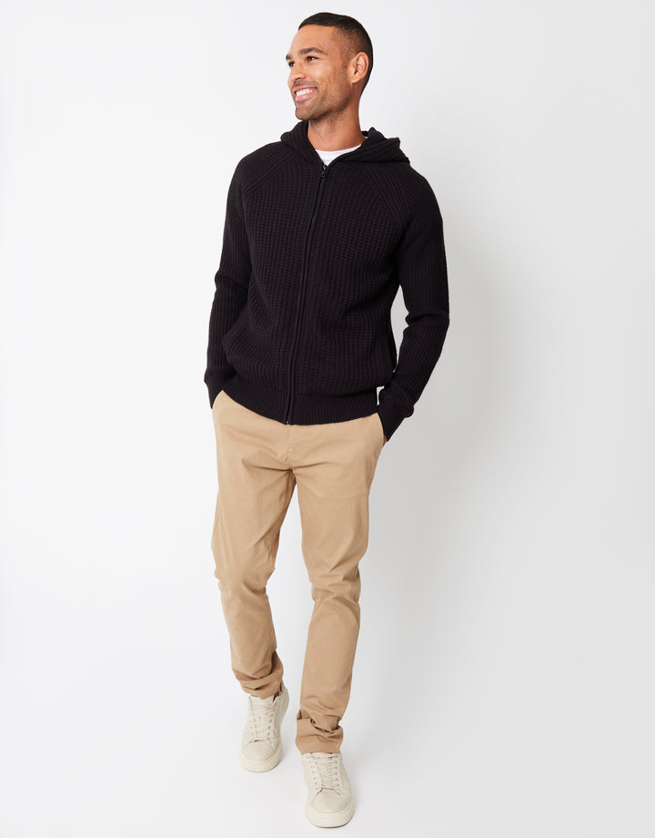 Black Zip Up Knitted Microfleece Lined Hoodie