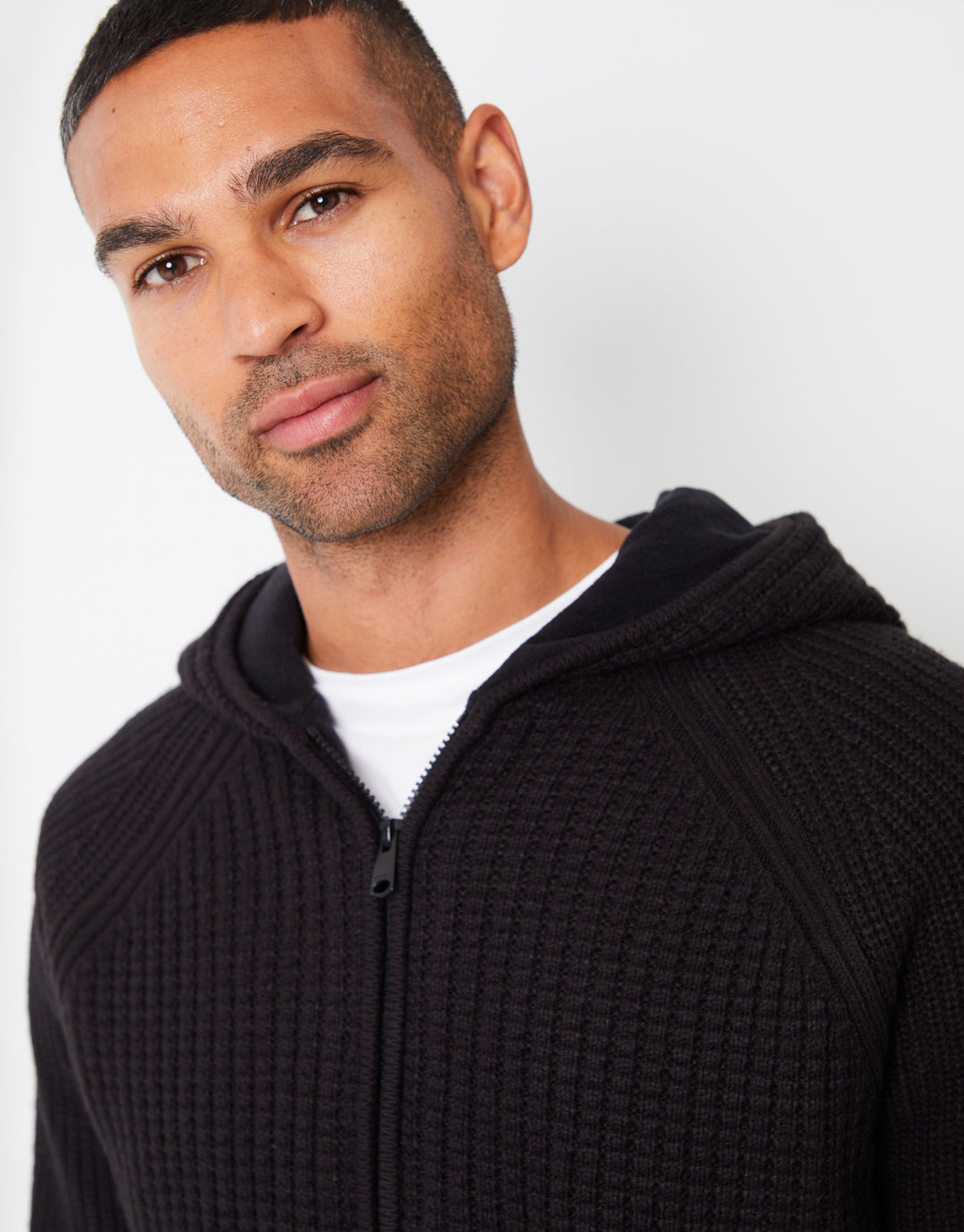 Black Zip Up Knitted Microfleece Lined Hoodie