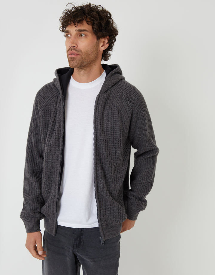 Charcoal Grey Marl Zip Up Knitted Microfleece Lined Hoodie
