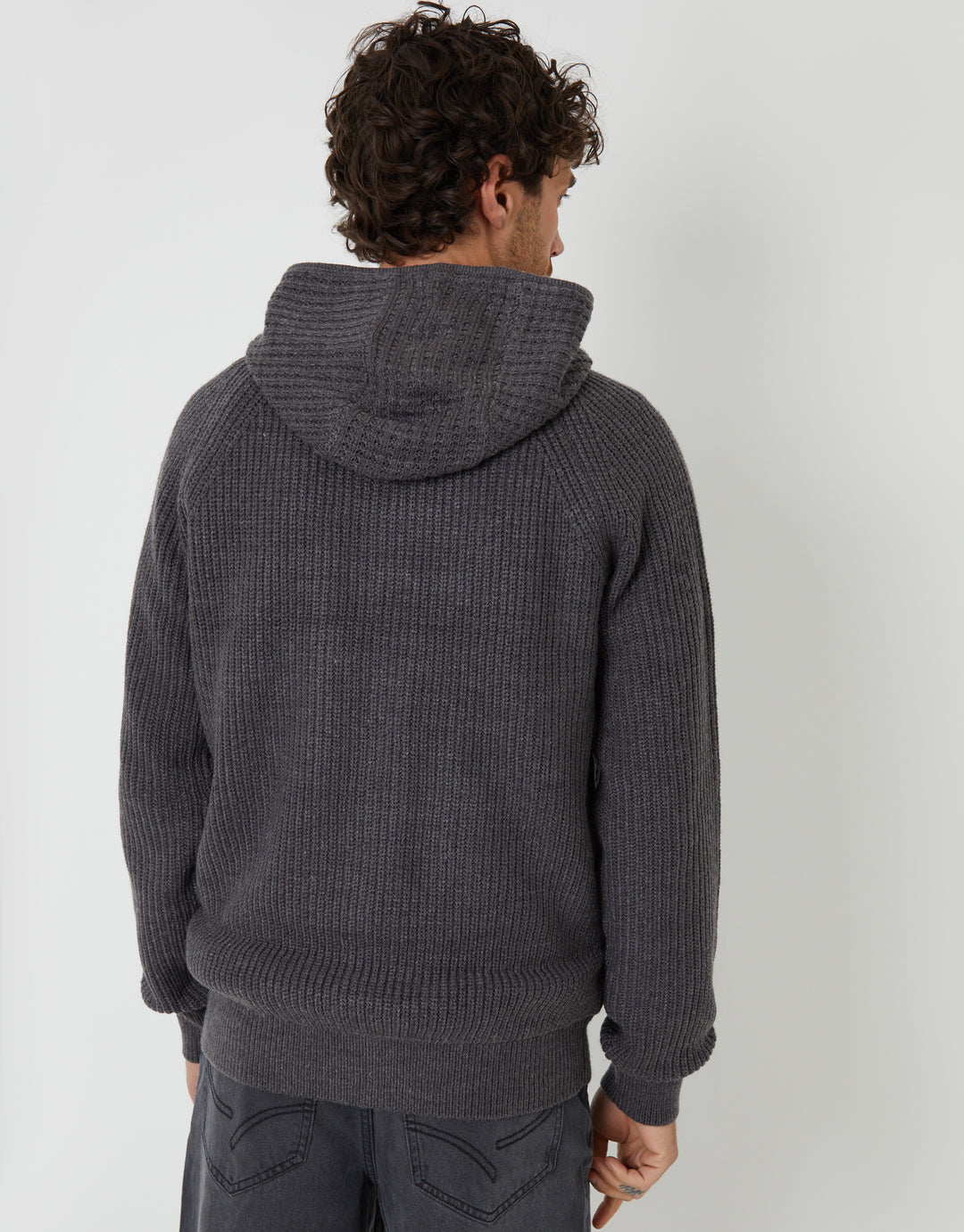 Charcoal Grey Marl Zip Up Knitted Microfleece Lined Hoodie