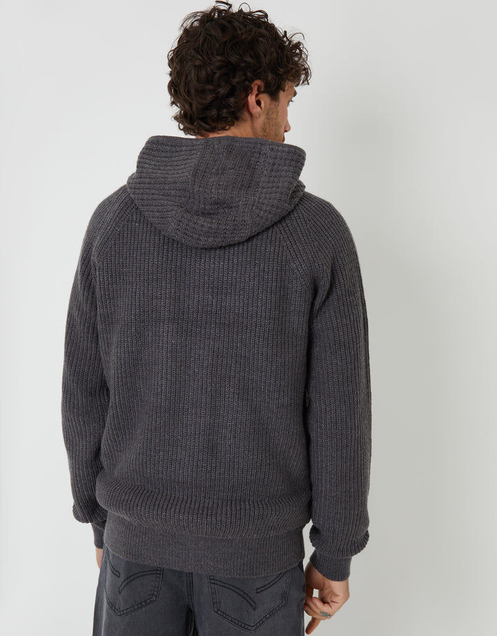 Charcoal Grey Marl Zip Up Knitted Microfleece Lined Hoodie