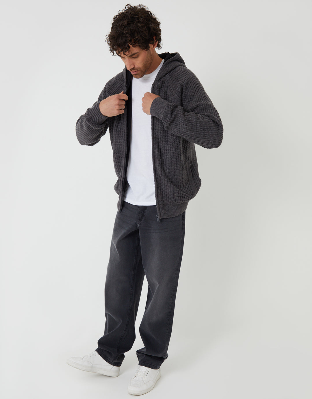 Charcoal Grey Marl Zip Up Knitted Microfleece Lined Hoodie