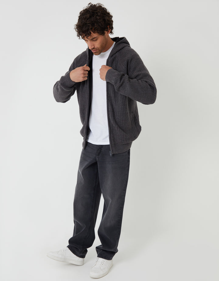 Charcoal Grey Marl Zip Up Knitted Microfleece Lined Hoodie