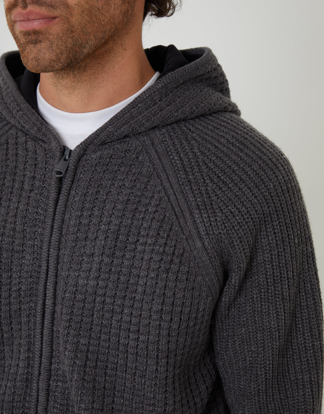 Charcoal Grey Marl Zip Up Knitted Microfleece Lined Hoodie