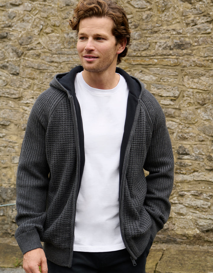 Charcoal Grey Marl Zip Up Knitted Microfleece Lined Hoodie