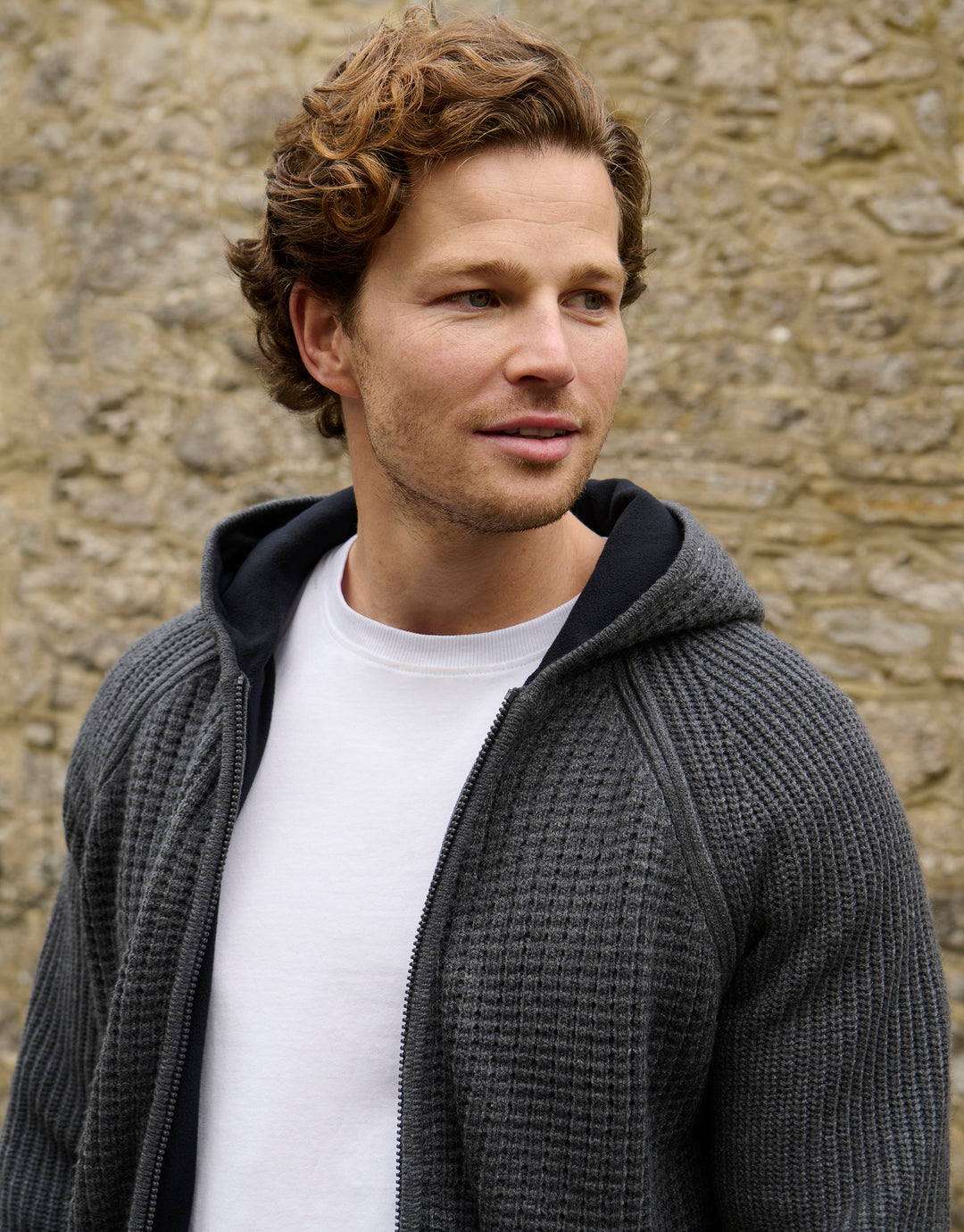 Charcoal Grey Marl Zip Up Knitted Microfleece Lined Hoodie